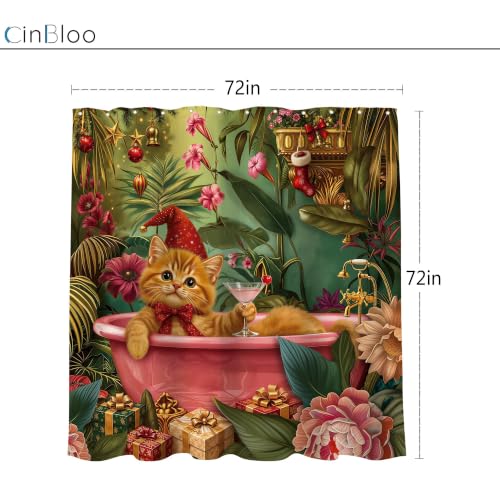 Cinbloo Christmas Cat Shower Curtain Set 72x72 inches Red & Green, Holiday Bathroom Decor
