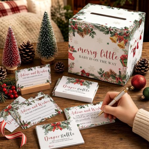 Christmas Baby Shower Decorations Games - 51pcs Diaper Raffle Box & Tickets, Merry Little Theme