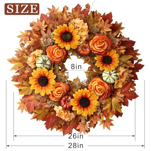 28-Inch Artificial Maple Leaves Fall Wreath for Front Door - Autumn Decor