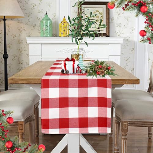 DUOBAO 14x90-Inch Red and White Buffalo Check Farmhouse Table Runner for Holiday & Wedding Decor