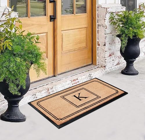 Monogrammed Coir Doormat Outdoor Entrance - Heavy Duty, Low Profile, Anti-Shed, Easy to Clean - Variation K