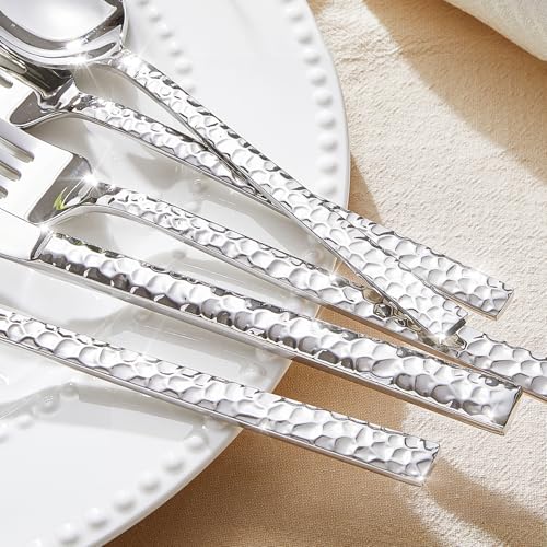 Silver Hammered Flatware Set for 12 - 60 Pieces Stainless Steel Cutlery