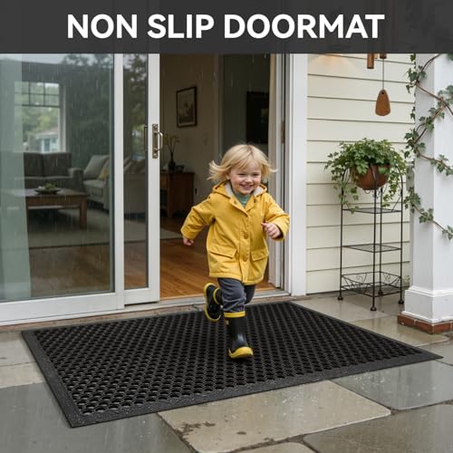 Black Rubber Front Door Mat 36x24 Inches Non Slip Outdoor Entrance Doormat - RESARE