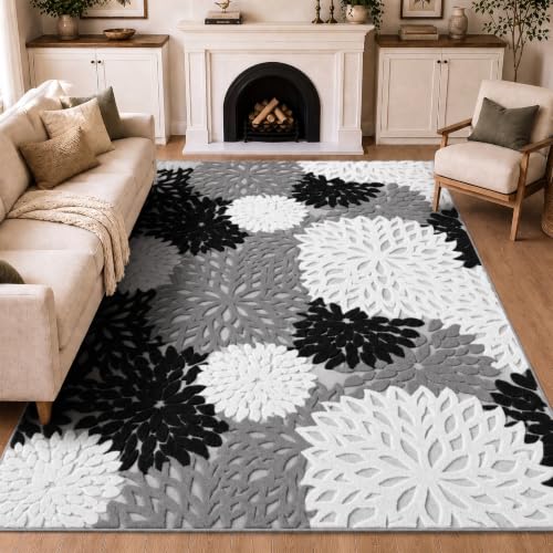 Arenarug 6x9 Grey White Black High-Low Plush Area Rug, Washable Floral Textured Carpet