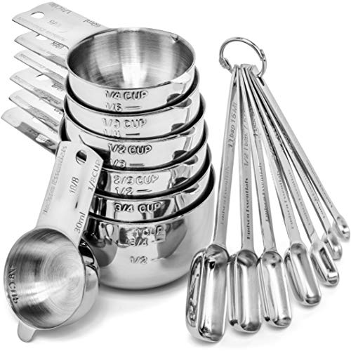 14 Piece Stainless Steel Measuring Cups and Spoons Set - Stackable Kitchen Utensils with Marked Measurements