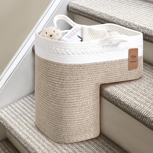 Brown Woven Stair Basket - 15x10x15 Inch Cotton Storage Bin with Handles