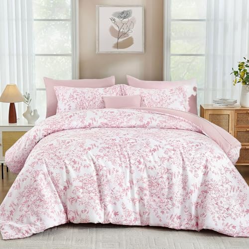 Pink Floral Queen Size Comforter Set - 8 Pieces Bed in a Bag, Microfiber Bedding