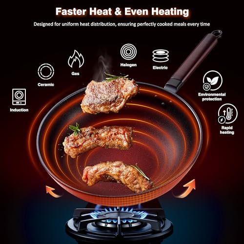 13-Inch Carbon Steel Wok with Lid - Nonstick Stir-Fry Pan, Black