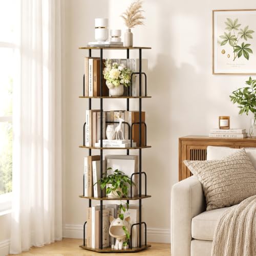SUNMORY Brown 4-Tier Rotating Hexagonal Corner Bookcase, Spinning Tower Shelf