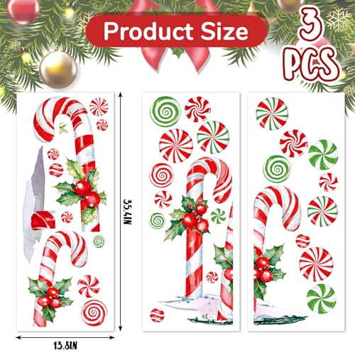 Extra Large Christmas Window Clings 13.8 x 35.4 in - 3 Sheets Red Green Candy Cane Holly Decor