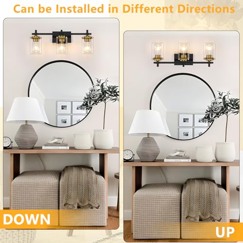 Black and Gold Bathroom Light Fixtures - 3-Lights Vanity Wall Sconces with Square Glass Shades - Variation of THIS listing