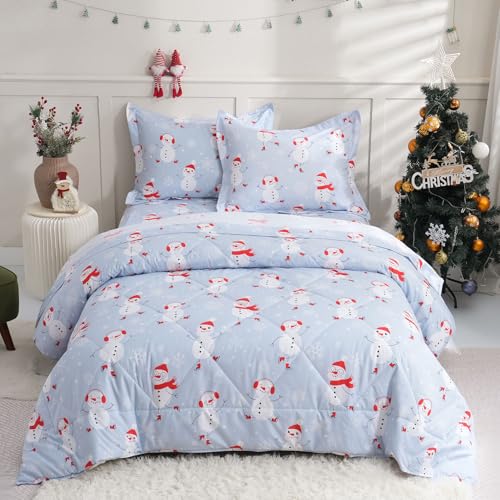 JSD Snowman Kids Comforter Set Twin Size with Pillow Sham - Blue Christmas Bedding