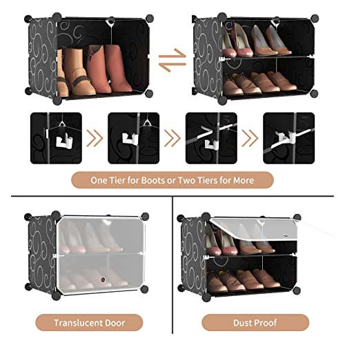 Portable 8-Tier Shoe Cabinet - Black, 48 Pairs Capacity, Space Saving Shoe Organizer with Hooks