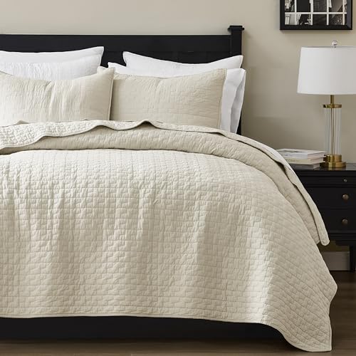 Palassio Beige 100% Cotton Quilt Set Queen Size with Pillow Shams - Lightweight Textured Bedspread, All-Season Comfort, 3 Pieces (Block-Beige / Queen 90"x96")