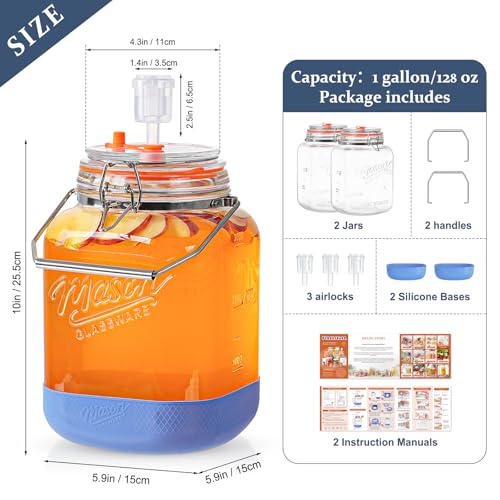Folinstall 1 Gallon Fermentation Jar Set with Handles & Airlocks – 2 Pack for Mead, Wine, Sourdough