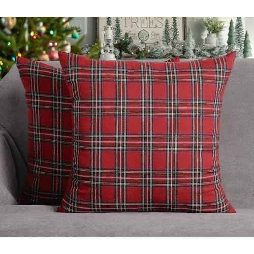 4TH Emotion Set of 2 Christmas Scottish Tartan Plaid Throw Pillow Covers Cushion Case Polyester for Farmhouse Home Decor Red and Green, 18 x 18 Inches