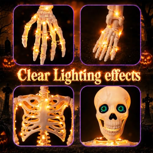 Halloween Skeleton Decor 2 Pack with Orange & Purple Lights, Adjustable Joints, 3FT