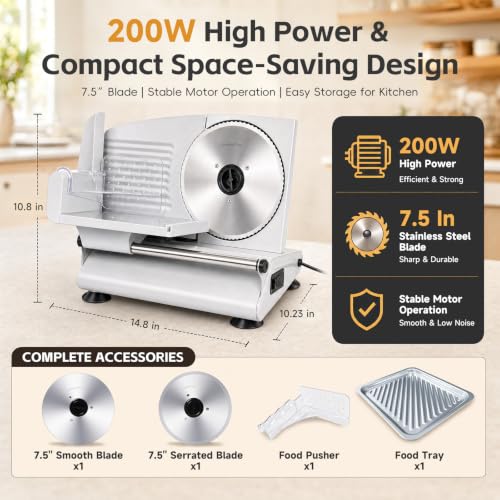 200W Electric Meat Slicer Machine for Home Use, Food Deli Slicer with Adjustable Thickness