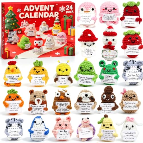 Red Handmade Crochet Animal Advent Calendar 24 Days Christmas Countdown with Positivity Cards for Kids Teens Adults