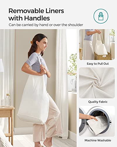 SONGMICS Laundry Hamper with Lid and 2 Sections - Natural 130L Wicker Basket with 6 Mesh Bags