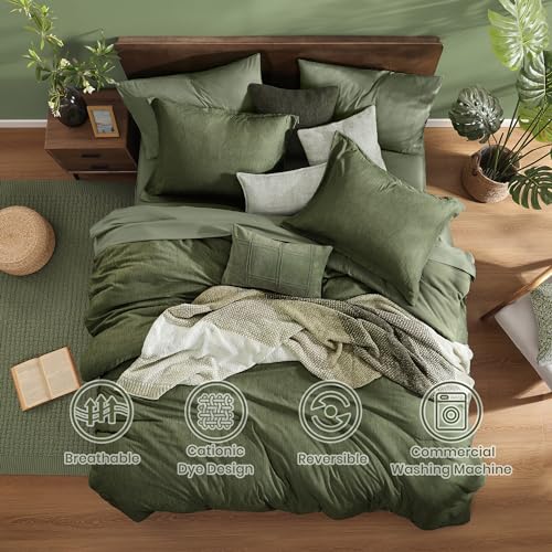 Monbix Olive Green Queen Comforter Set 7 Piece Bed in a Bag - Soft Cozy Bedding