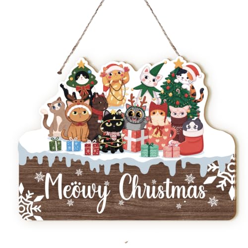 MOTERMATE Meowy Christmas Cat Sign Decor - Festive Home Holiday Accent, 10x8 Inch, Variation: Meowy