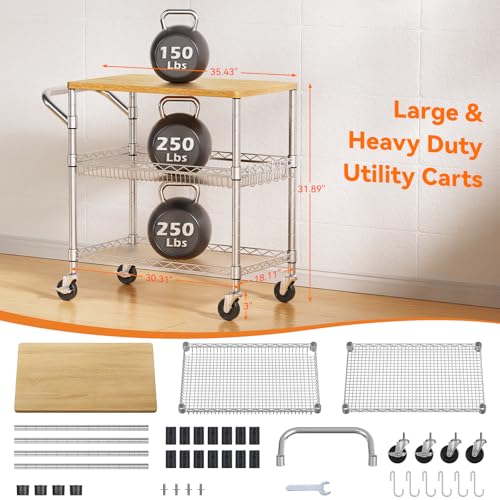 Heavy Duty 3-Tier Rolling Utility Cart with Wooden Top - Chrome & Wood Variation