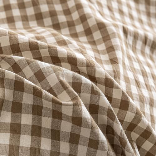 Mucalis Tan Gingham Duvet Cover King 100% Washed Cotton Beige Brown
