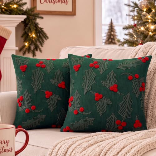 Peryiter 2 Pcs Christmas Throw Pillow Covers 18x18, Holly Berry