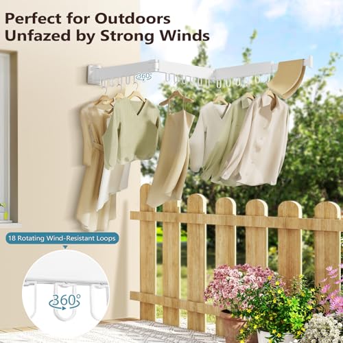 JAUREE Wall Mounted Clothes Drying Rack White - Space-Saving & Foldable Laundry Organizer with 18 Hooks