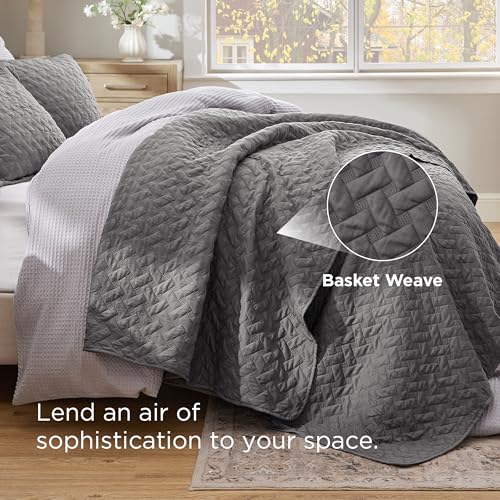 Oversized King Quilt Set with Basket Weave Pattern - Grey, 120x120 Inches - Lightweight Bedspread & Pillow Shams