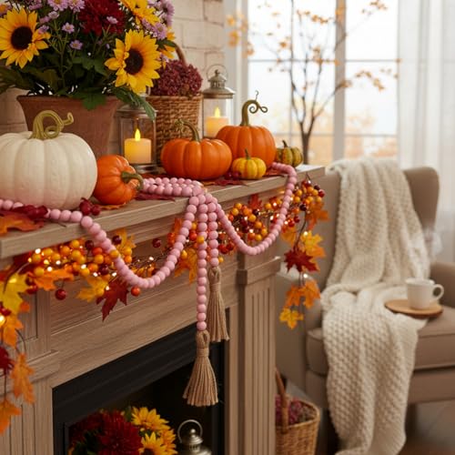 Equsion 1 Pcs Pink 0.55 Inch Wooden Bead Garland with Tassels - 3.3 ft