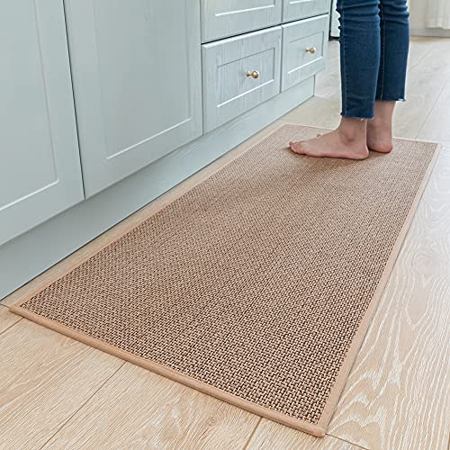 MontVoo 20x47 Inch Beige Non-Slip Washable Braided Kitchen Rug with Rubber Backing