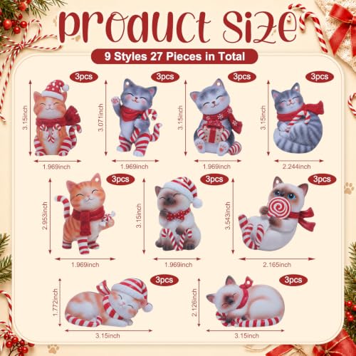 Conelist Cat Christmas Ornaments - 27 Pack Holiday Cat Decorations with Candy Cane, Santa Hat & Winter Designs