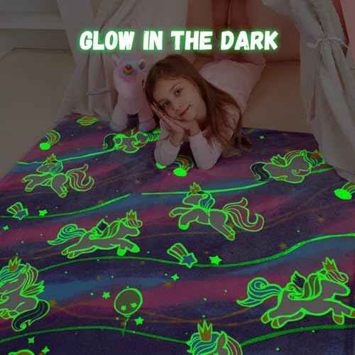 Unicorns Gifts Toys for Girls,Glow in The Dark Unicorns Blanket, Birthday Presents Decor for Kids Age 3-14 Year Old Daughter Teen Child Toddler Luminous Christmas Bedroom Throw Blanket 50"x60"