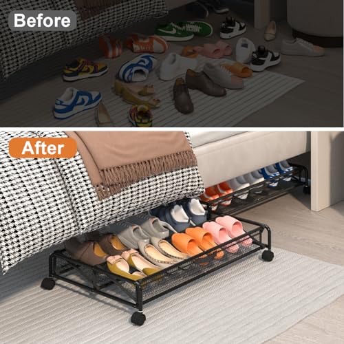 KOSIWU 2 Pack Under Bed Shoe Storage Containers with Wheels & Breathable Mesh
