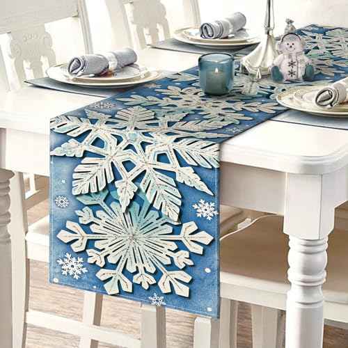 Winter Snowflake Blue Table Runner, Christmas Snow Kitchen Dining Table Decoration, Seasonal Burlap Indoor Outdoor Home Decor Party Supply 13 x 72 Inches