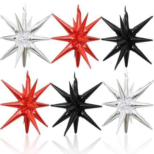 6PCS Star Balloons, 22Inch Black Red and Silver Star Balloon Foil Balloons Spike Cone Balloon for Graduation Birthday Anniversary New Year Kids Boys Party Decorations