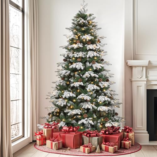 DWVO 7.5ft Flocked Alaska Pine Christmas Tree with Snow, Pine Cones & 400 LED Lights, Remote Control