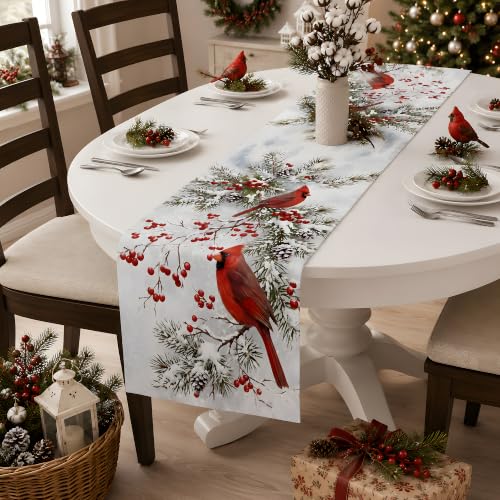 Christmas Decorations - Red Cardinal Bird Winter Pine Branches Table Runner (OHOME) Christmas Cardinal Bird