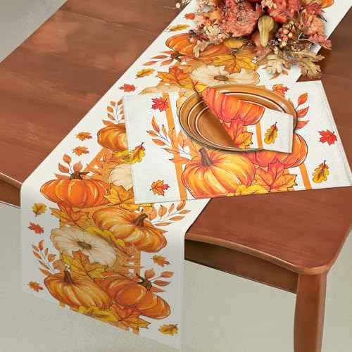 Bloss Thanksgiving Table Runner 72Inches Long Orange Pumpkins Maple Leaves Fall Table Runner,Seasonal Thanksgiving Fall Decoration,Autumn Farmhouse Harvest Style Kitchen Dining Table Decor