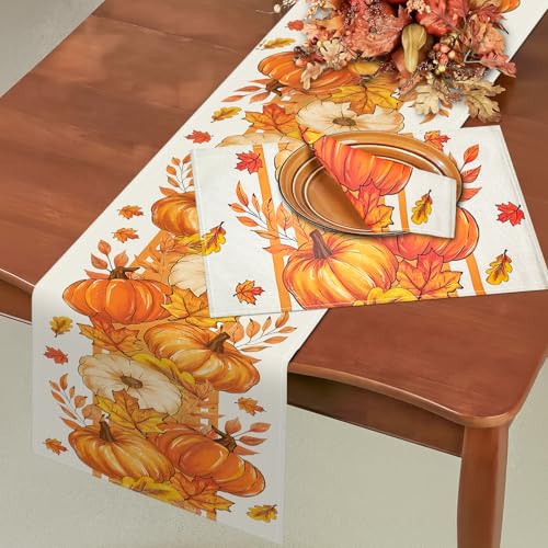 Bloss Thanksgiving Table Runner 13x72in with Maple Leaf & Pumpkin – Yellow Fall Decor