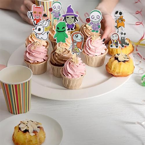 40 Pack Halloween Cupcake Toppers Skull Ghost Jack and Sally Cupcake Picks for Scary Christmas Halloween Anniversary Birthday Cake Decorations Party Supplies