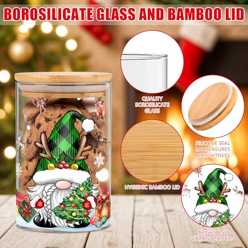 Green-Red Gnome Christmas Glass Storage Jars 20oz with Airtight Bamboo Lids, Set of 3