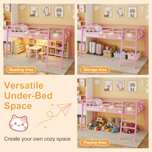 Lutown-Teen 43 Inch Pink Metal Twin XL Loft Bed with Stairs & Guardrail