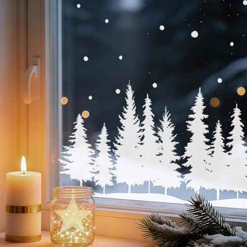 9sheets Christmas Window Clings Snowy Forest Trees Reindeer Reusable Double-Sided White Winter Christmas Static Clings for Windows Holiday Decor for Shop Home