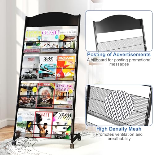 4-Layer Floor Standing Magazine Rack with Wheels & Top Billboard for Exhibitions & Offices