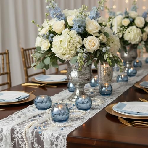 LAMORGIFT 24 Pcs Blue Votive Candle Holders - Blue Mercury Glass Centerpieces for Wedding Decor