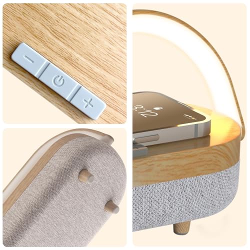 Wood Nightstand Lamp with Wireless Charger Bluetooth Speaker & Dimmable LED - 4 in 1 Touch Bedside Light