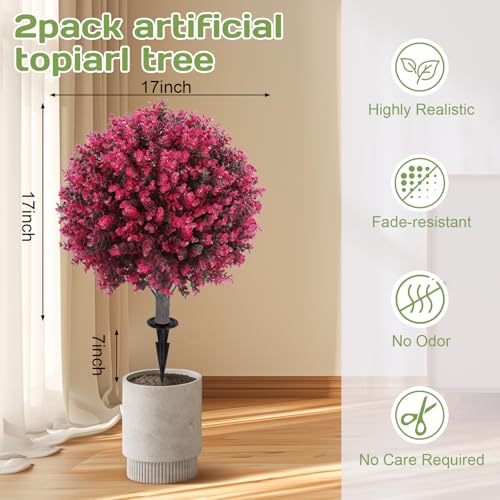 Red Eucalyptus Topiary Ball Tree Set of 2 | 24-inch Artificial Indoor & Outdoor Decor